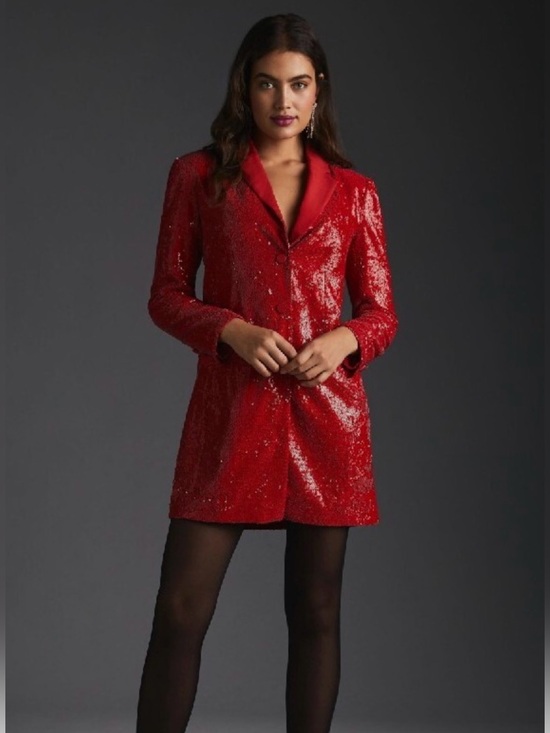 Anthropologie Jackets & Blazers - Semi new Anthropologie Maeve Sequin Blazer Dress Red Coat Mini Dress size 4P